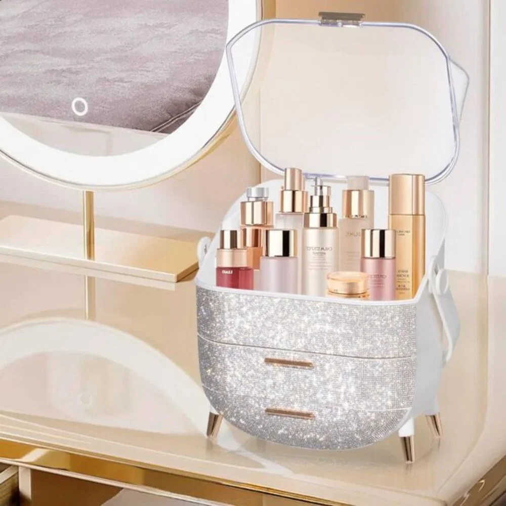 Oval Egg-Shaped Makeup Storage Box, Portable Vanity Organizer - Rhinestone White